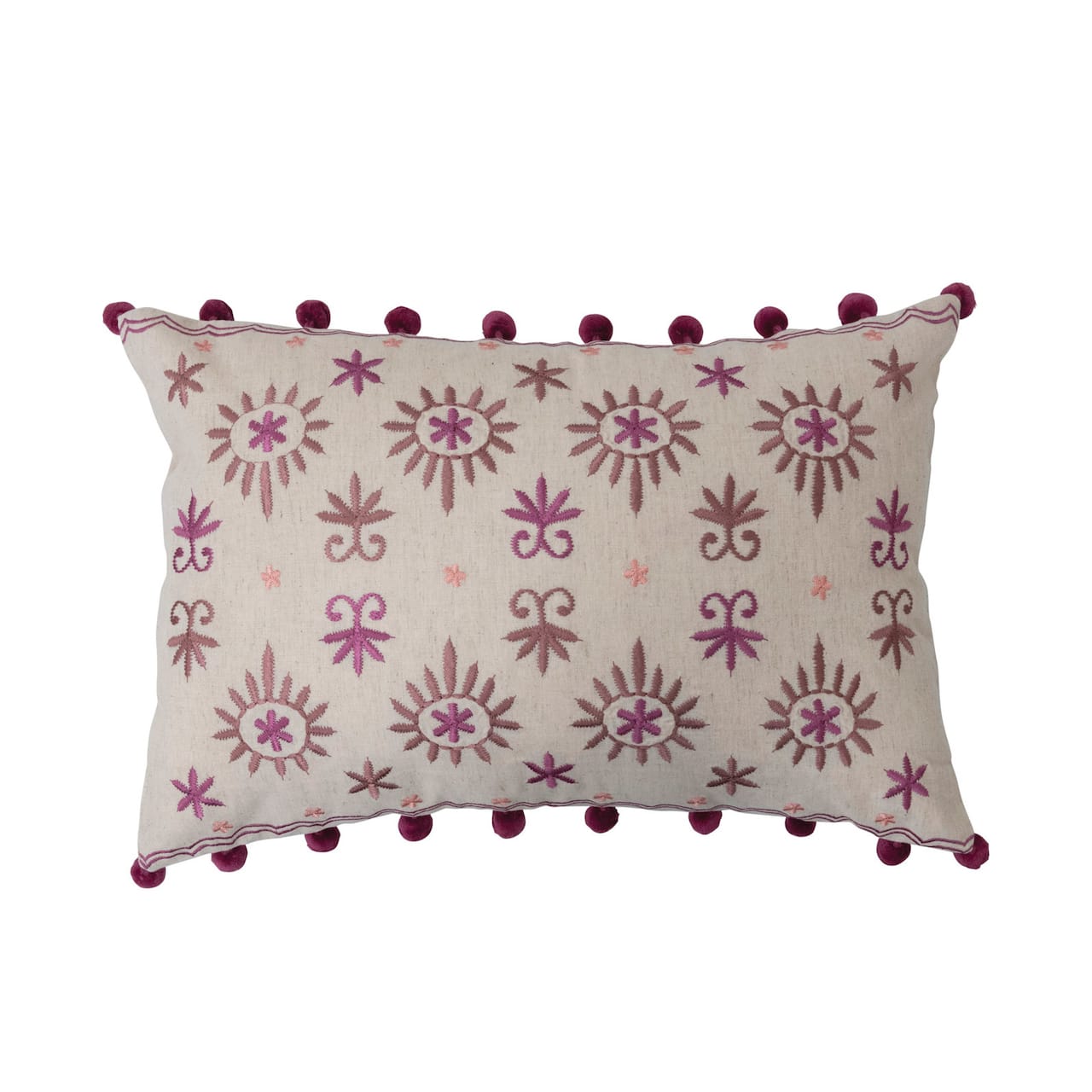 Embroidery &#x26; Pom Poms Cotton Linen Lumbar Pillow